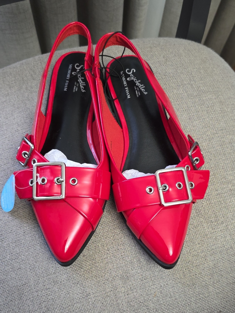 Seychelles Red Patent Pointed Slingback Flats with Buckle
